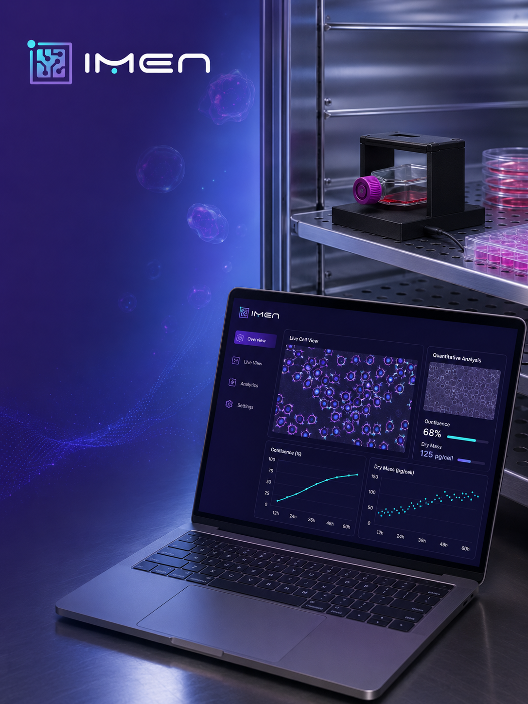 IMEN compact lensless microscope for live-cell imaging inside an incubator, with AI-powered software for cell monitoring and quantitative analysis.